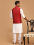 Men's Maroon Jacquard Nehru Jacket With Kurta Pyjama Set